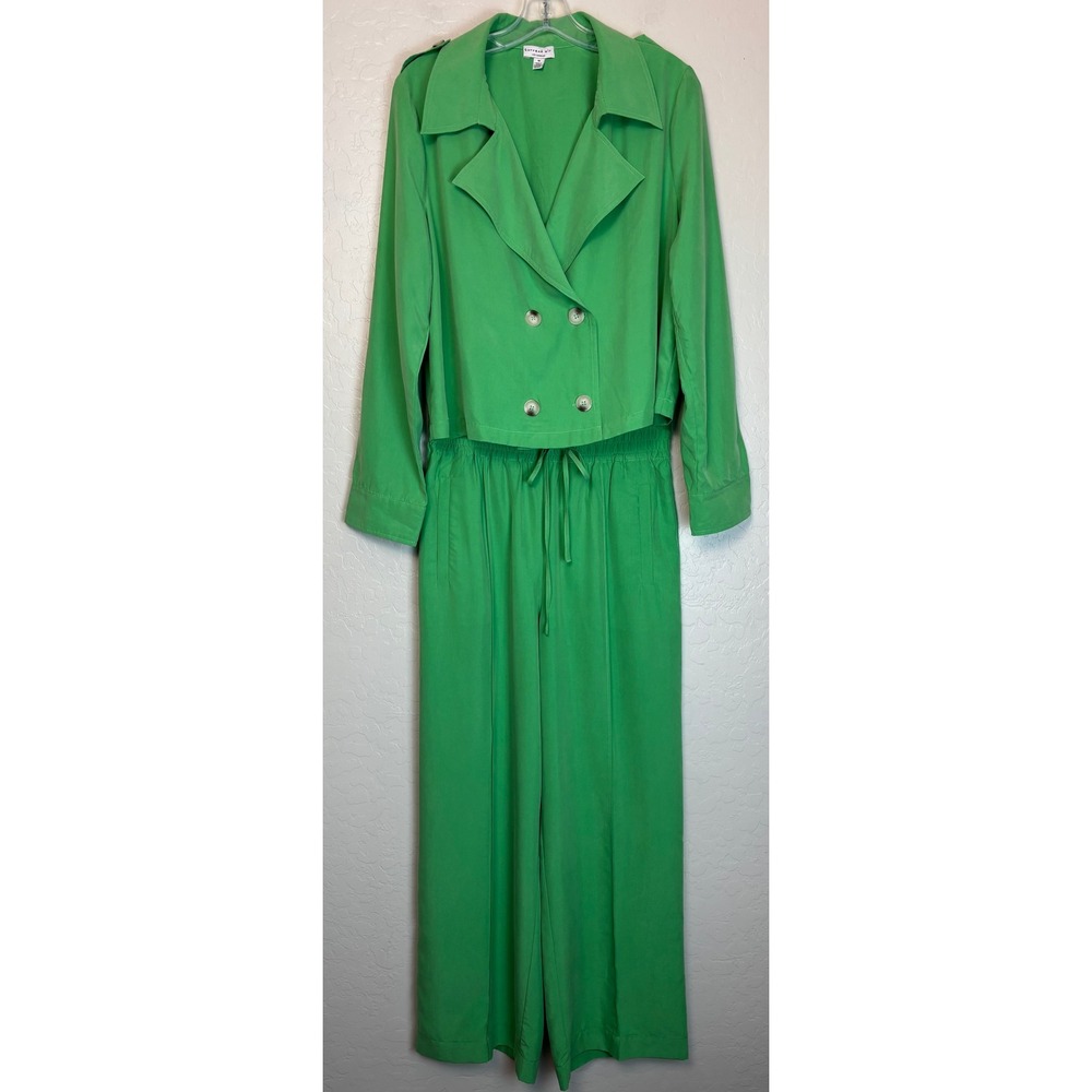 Anthropologie Current Air Green 2 Piece Cropped Jacket Wide Leg Pants M 2565